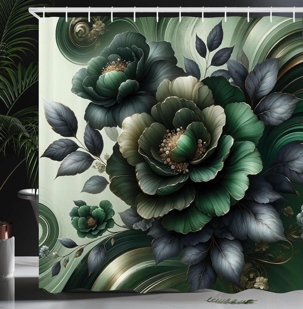 Sage Green Shower Curtain, Hexagon Honeycomb Pattern with Abstract Trippy Ornaments Jade Tones, Cloth Fabric Bathroom Decor Set