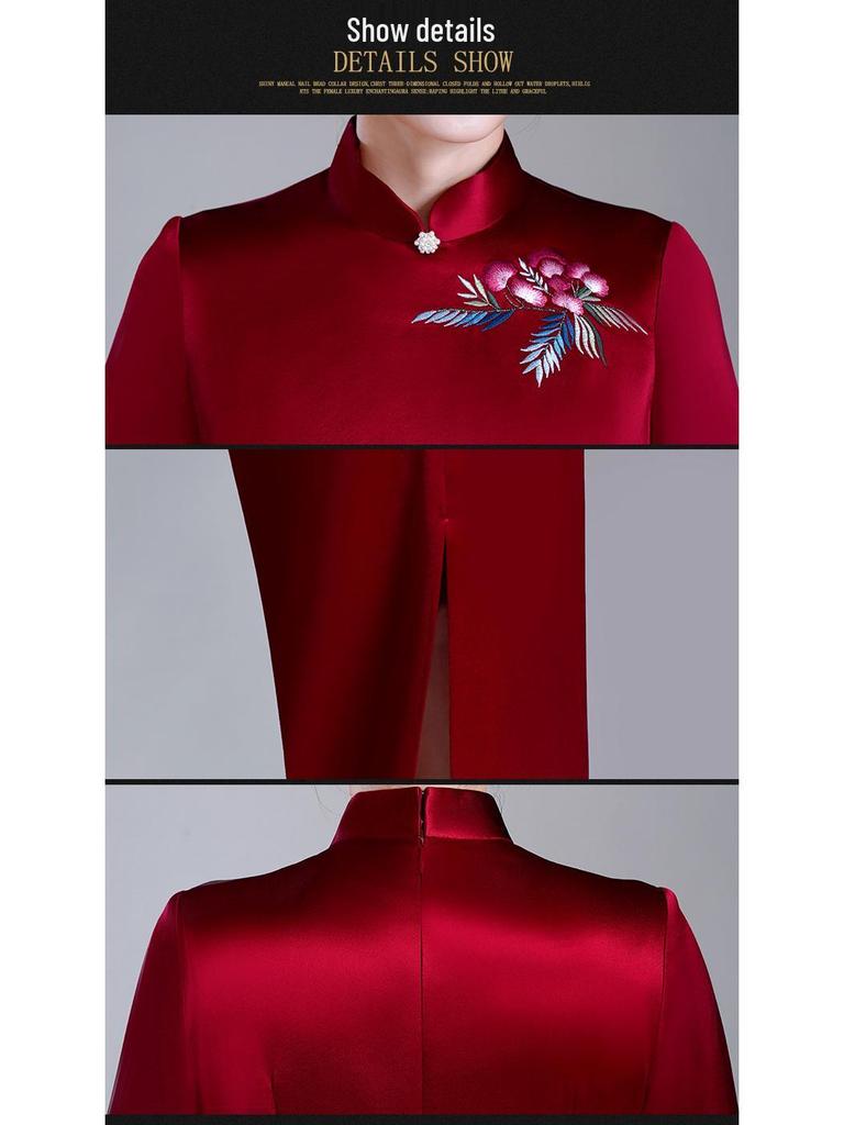Elegant Spring Acetate Satin Embroidered Cheongsam for Mothers - New Chinese Wedding Style Dress