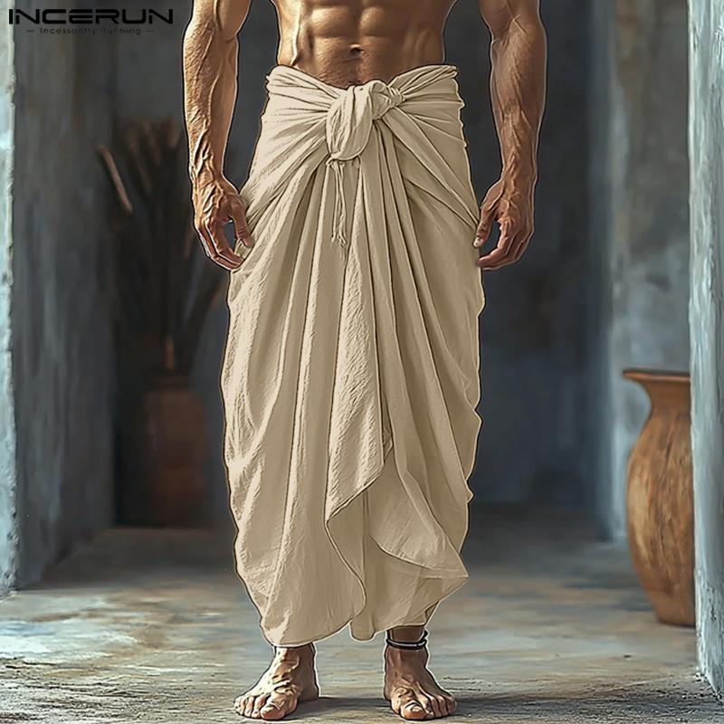 INCERUN Pánské Kroucené Elastický Pás Volánové Vrstvy Ležérní Dlouhé Kalhoty