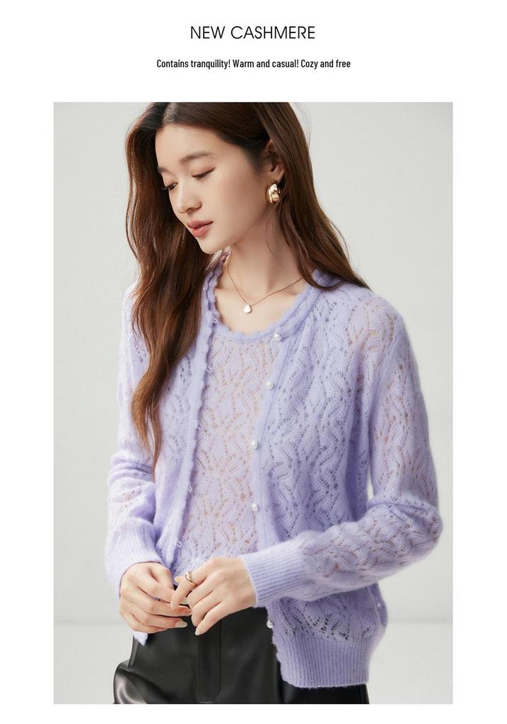 2026 Autumn Women's Cashmere Silk Round Neck Cardigan - Thin Crochet Outerwear