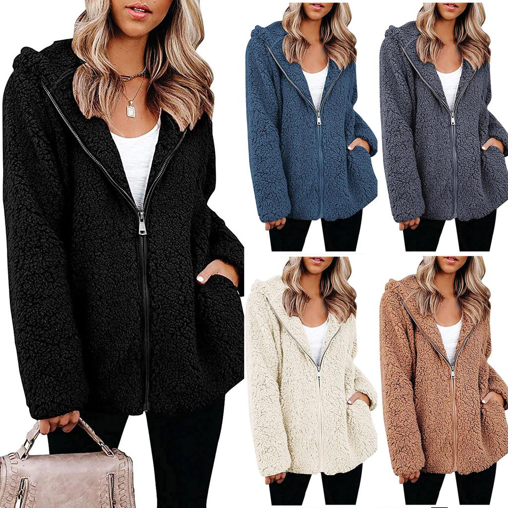 Dámská zimní ležérní móda Jednobarevná plyšová bunda s dlouhým rukávem