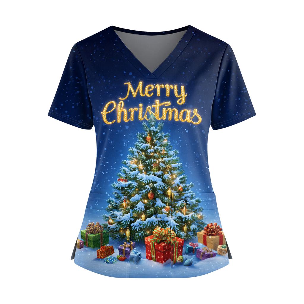 Women's Christmas Printed V-Neck Double Pocket Short Sleeves Hem Slit  Uniform Caregiver Top