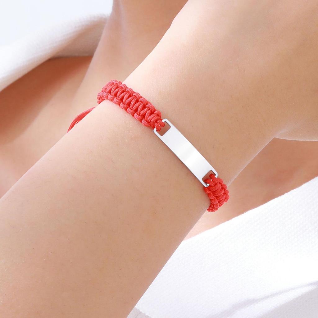Rose Gold Adjustable Children's Bracelet with Stainless Steel Curved Plate & Red Nylon Rope (Style BR-1151)