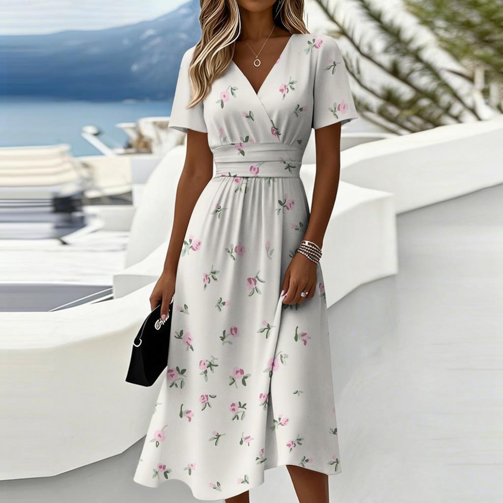 Women V Neck Short Sleeve Midi Dress with Floral Print Casual Loose Fit Summer Holiday Dress for Daily Wear