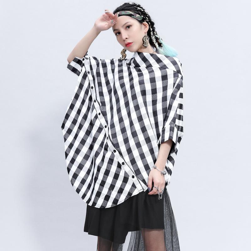 

Summer Plaid Batwing Sleeve Top - Women s Trendy Patchwork Shirt with Stand Collar One Size (47.5-80 kg) чёрный