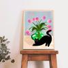 Retro Abstract Black Cat Vase Art Poster Print Pink Tulips Canvas Painting Colorful Pictures Living Kid Room Home Decor Murals