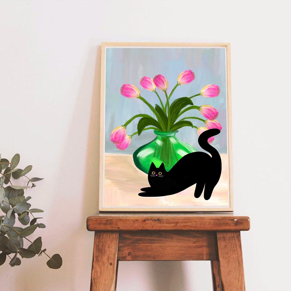 Retro Abstract Black Cat Vase Art Poster Print Pink Tulips Canvas Painting Colorful Pictures Living Kid Room Home Decor Murals