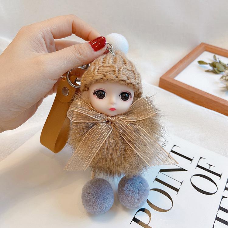 Pompom Sleeping Doll Keychain Cute Fluffy Plush Doll Keychains Women Girl Bags Keyrings Cars Key Ring Gift Charming Decoration