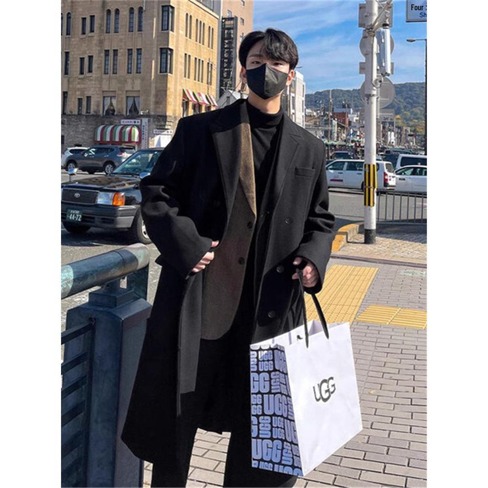 Men's Mid-Length Korean Style Wool Trench Coat - Autumn/Winter, Thickened, Over-the-Knee, Loose Fit
