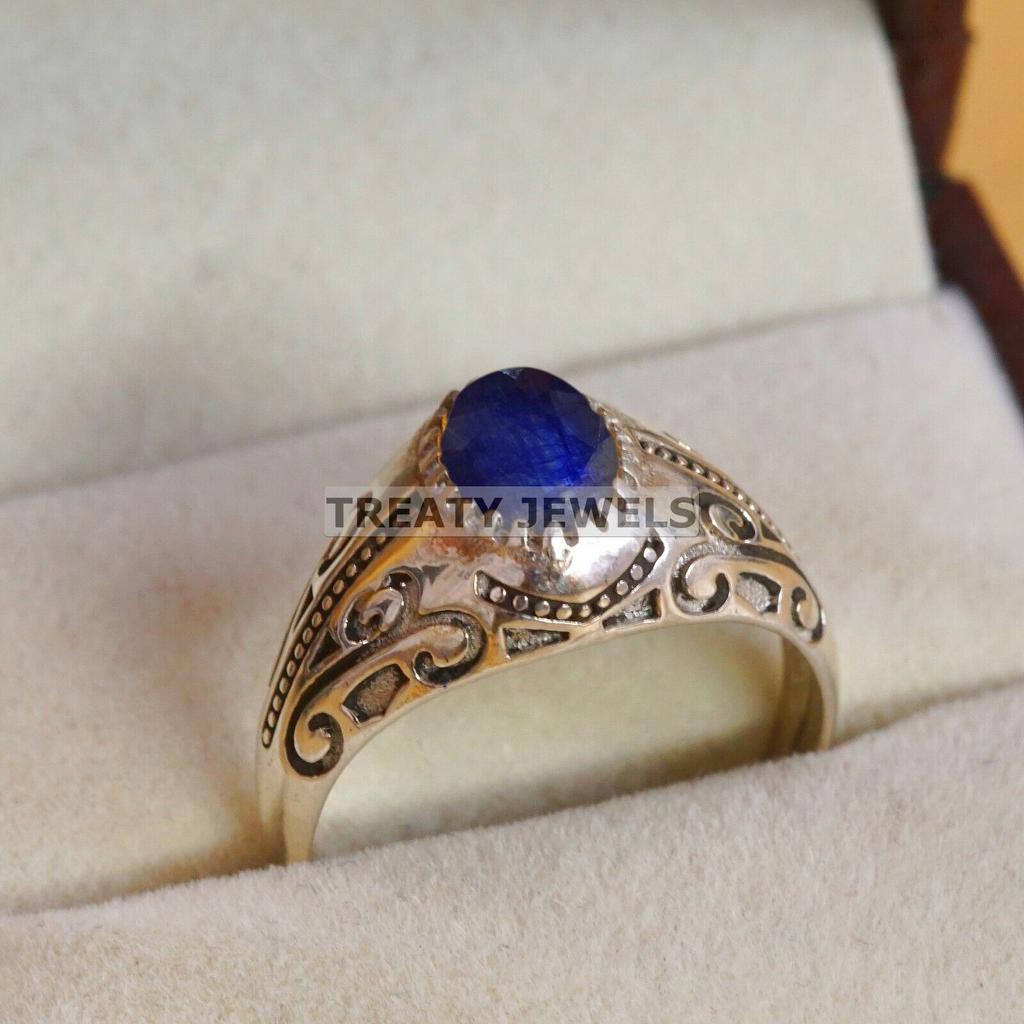 Blue Sapphire Oval Cut Gemstone With 925 Sterling Silver Ring For Men's #B581 JL375686463723