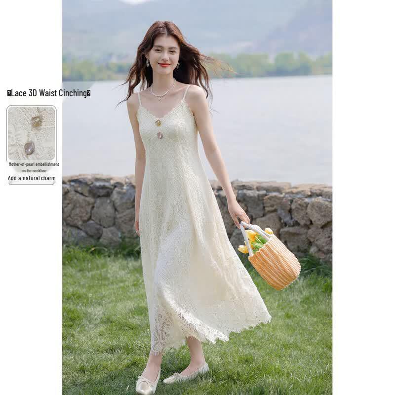 Mokana French Sweet Lace Strappy Maxi Dress M