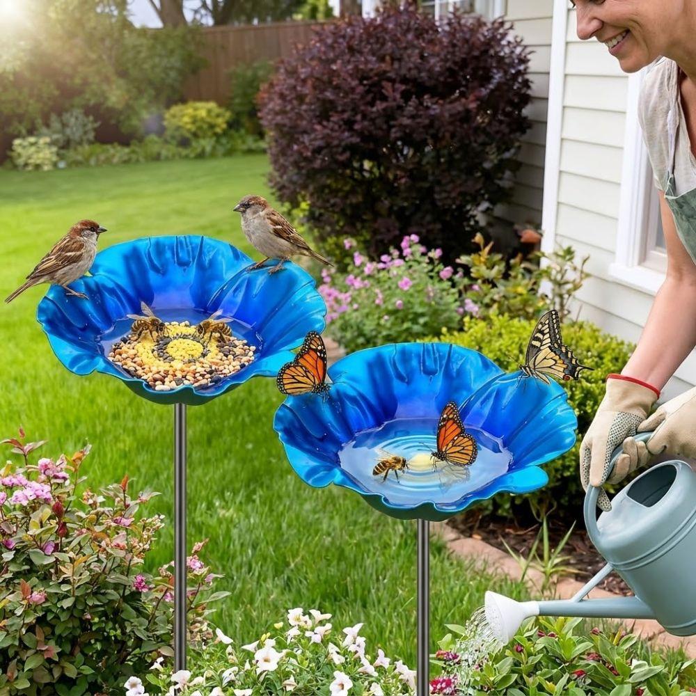Handmade Metal Bird Bath Stake Weather Resistant Flower Shape Garden Bird Feeder Iron Art Vintage Style Bird Drinking Station