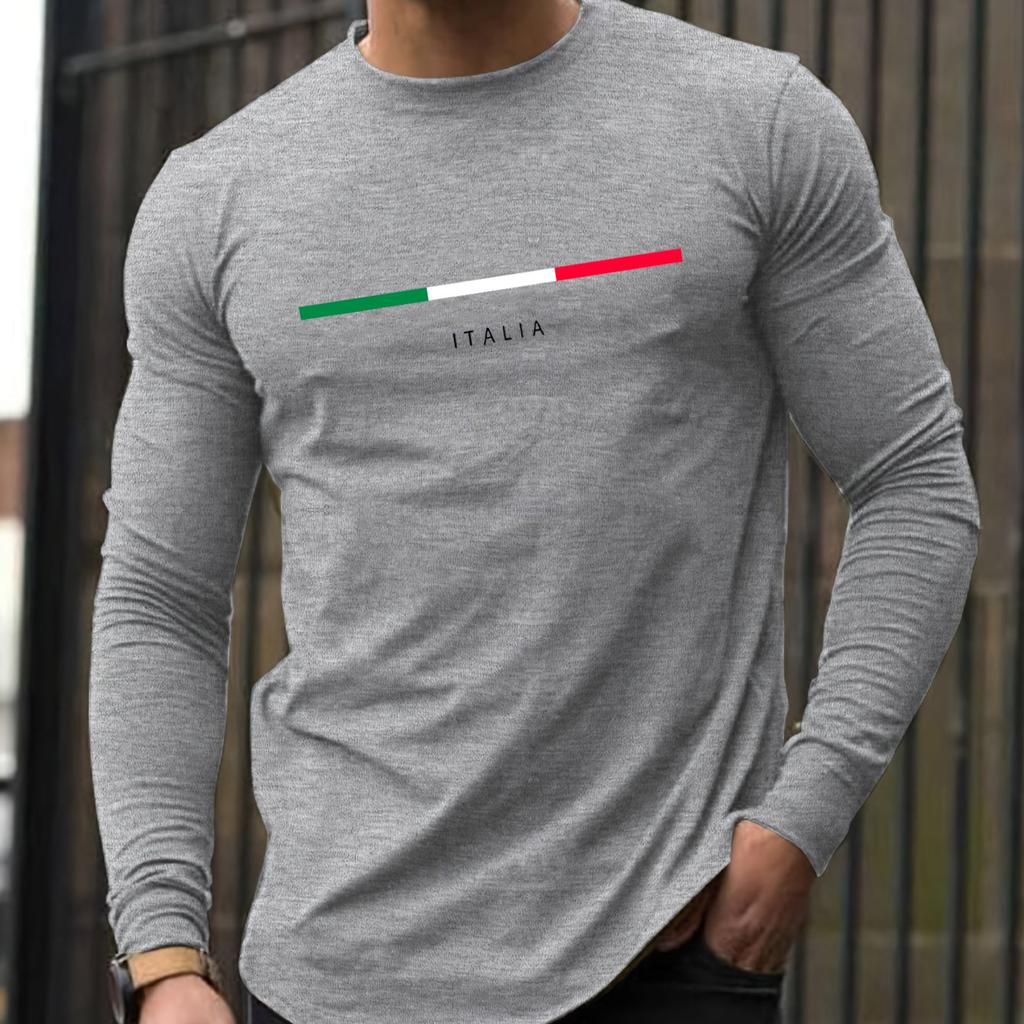 Men's Loose Fit Comfortable Casual Sports Letter Pattern Printed Round Neck Long Sleeved T-shirt Top