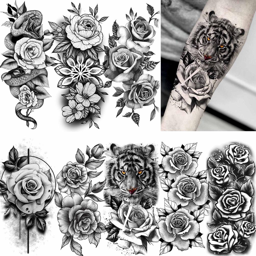 1 Sheet 3D Rose Flower Tiger Temporary Tattoos For Women Girls Beauty Water Transfer Tattoo Sleeve Fake Snake Peony Covers Up