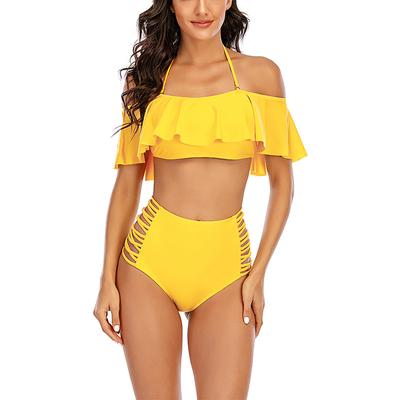 2024 neue Sexy Offene Schulter Frauen Bademode Solide Plus Größe Badeanzug Tankini Rüschen Hohe Taille Bikini Set Badeanzug Mujer 5XL