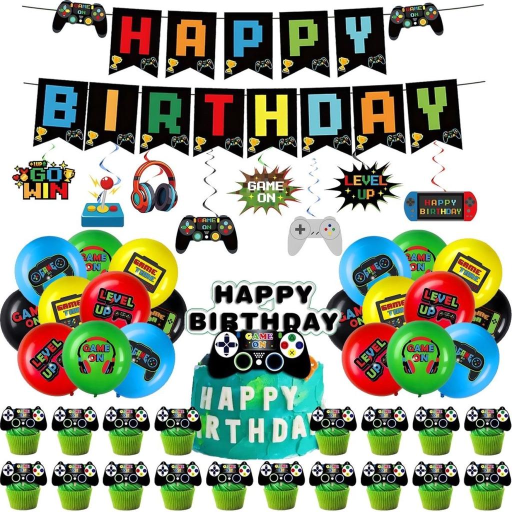 Cartoon Arcade-Themed Party Decoration Set: Boys' Birthday Decorations, Game Controller Banners, Cake Topper, and Spiral Hanging Decorations
