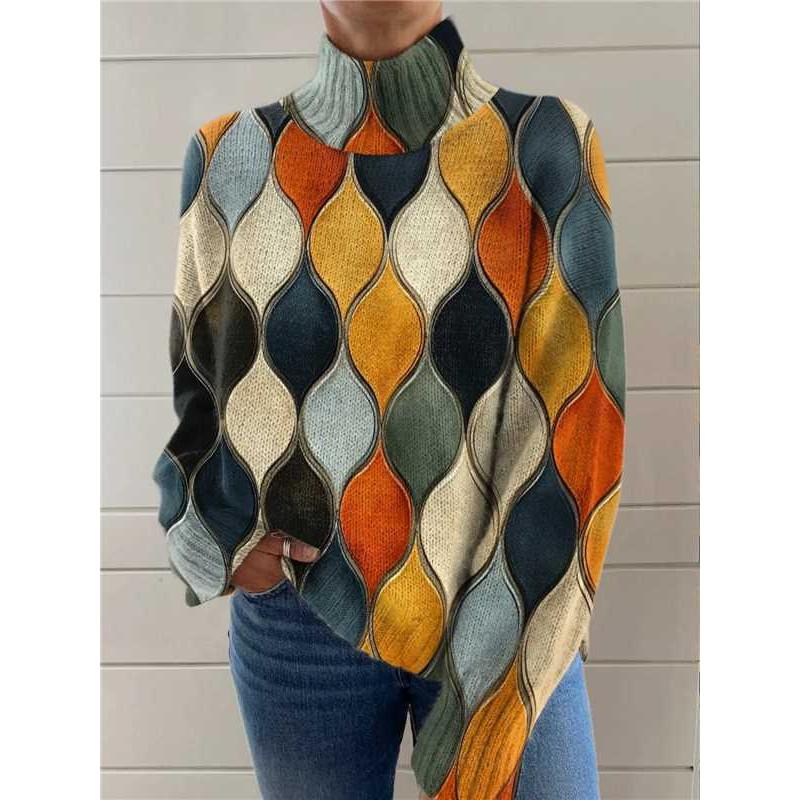 Womens Christmas Print High Neck Sweater Loose Fit Casual Long Sleeve Top