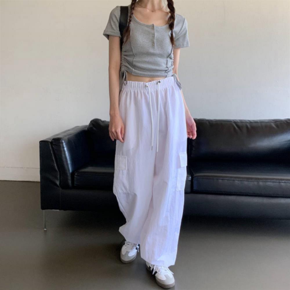 New Arrivals Open Run Women Cotton Spandex Button String Stitch Rib Short Sleeve