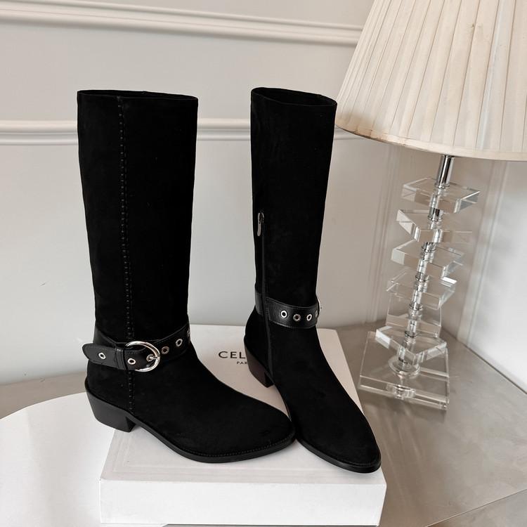 Stiefel mit grobem Absatz im Western-Stil für Damen, Herbst 2025, neu, vielseitig, mit Gürtelschnalle, grober Absatz, runde Spitze, modische Stiefel