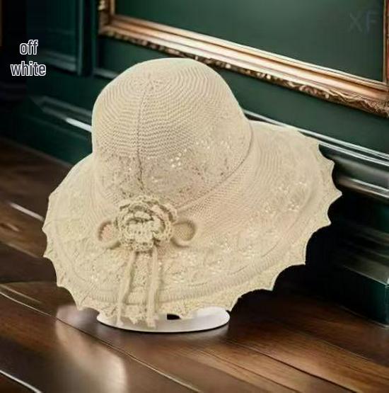 2025 Women's Korean Style Lace Dome Wide Brim Sun Hat - Summer Beach Knitted Sun Protection