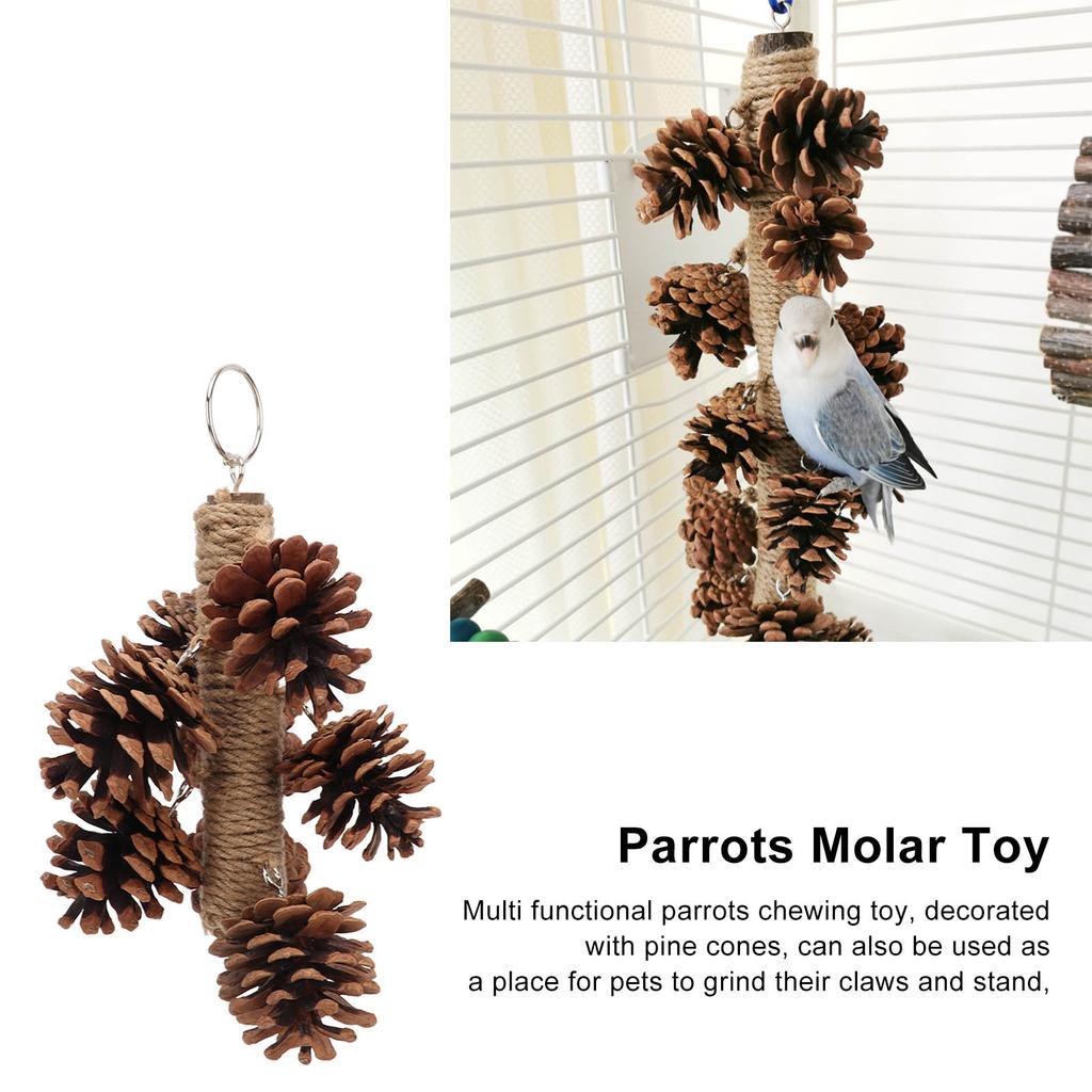 Birds Bite Toy Wooden Pine Cone Hanging Parrots Beak Grinding Toy with Metal Hook for Cage