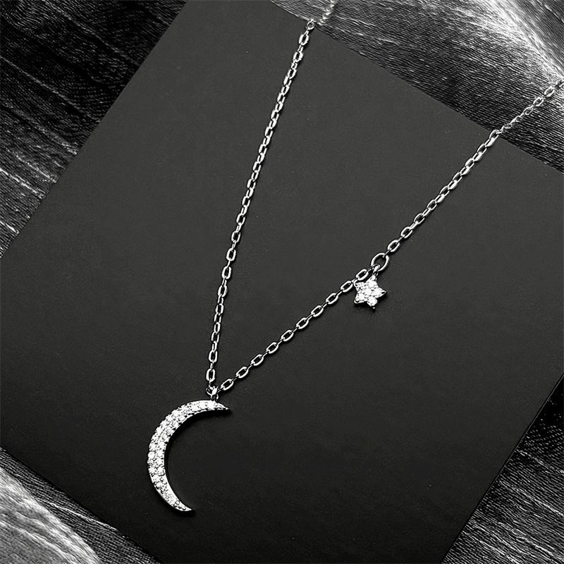 Luxury 925 Sterling Silver Crescent Moon Star Zircons Pendant Necklace for Women Girl Islamic Charms Choker Chain Jewelry Gift