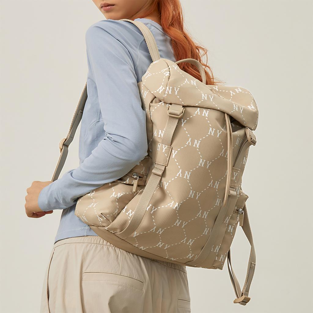 New MLB   Double Shoulder Laptop Bag Travel Cycling Bag Backpack For Students Unisex Beige Brown 3ABKM035N-50BGD