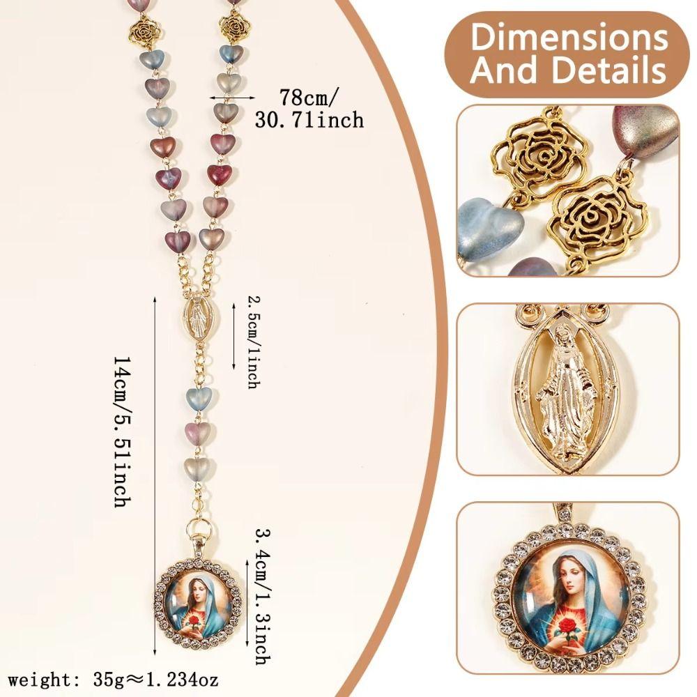 Retro Rosary Beads Chains Acrylic Glass Mary Necklace Trendy Prayer Pendant Jewelry Gift