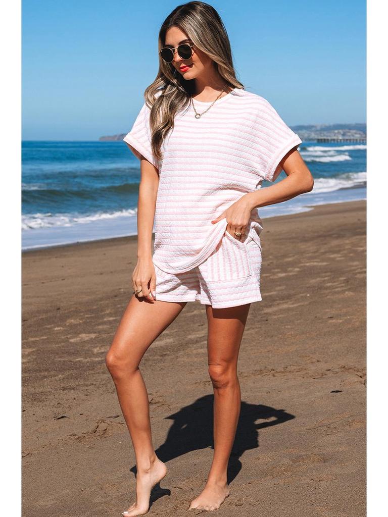 2025 Spring/Summer Women's Knit Drawstring Short-Sleeved Two-Piece Casual Set - European & American Fashion