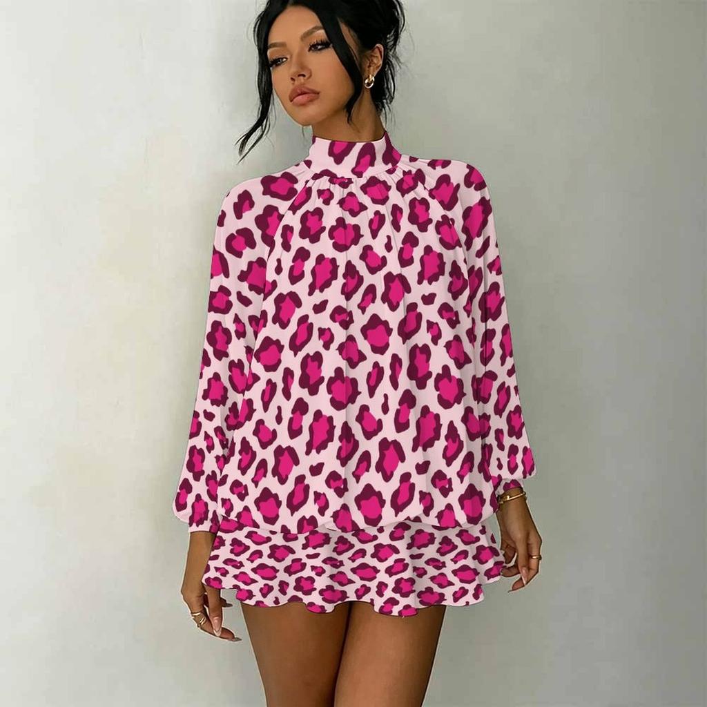 Women's 3D Pink Grey Plaid Print Mock Neck Long Sleeve Dress, Raglan Sleeve Fake Two Piece Mini Dress