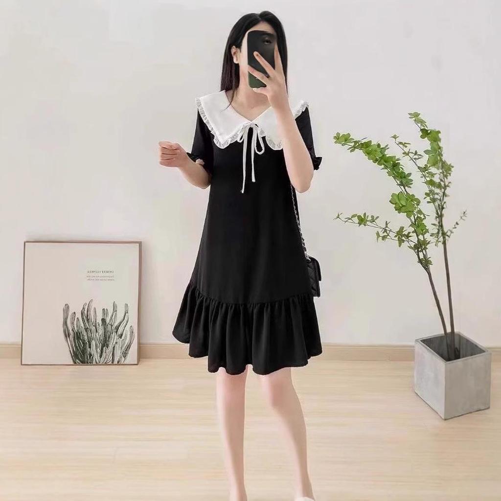 2024 Petite Black Dress with Doll Collar: Loose Fit, Slimming, Flesh-Covering Short Sleeves