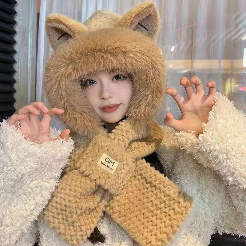 Autumn and Winter Cycling Warm and Versatile Ear Protection Cute Furry Fox Ear Hat Looks Small Two-piece Lei Feng Hat Set