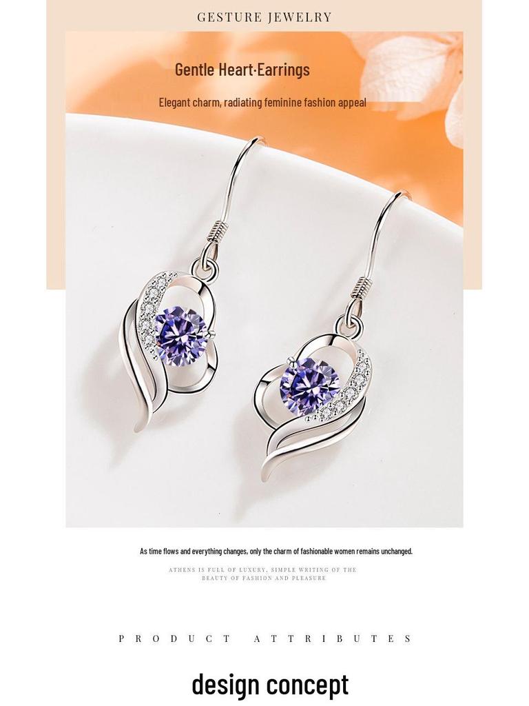 Japanese & Korean Zircon Silver-Plated Fashion Earrings: Elegant Medium-Length Hooks with Heart Details for Women