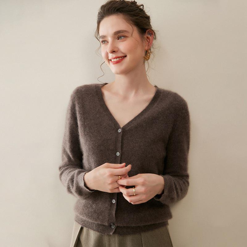 Women's V-neck Pure Cashmere Knit Cardigan - Soft & Fluffy Autumn/Winter Layer