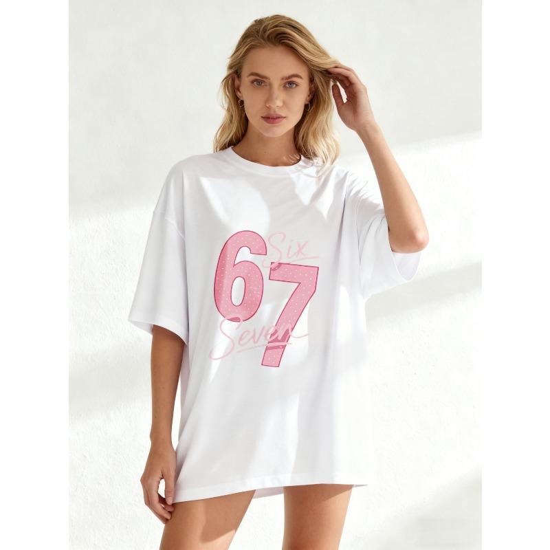 Oversized T-Shirt Black Six Seven Pink Glitter Number Print Casual Wear For Women Street Style Fashion Top Summer Outfit