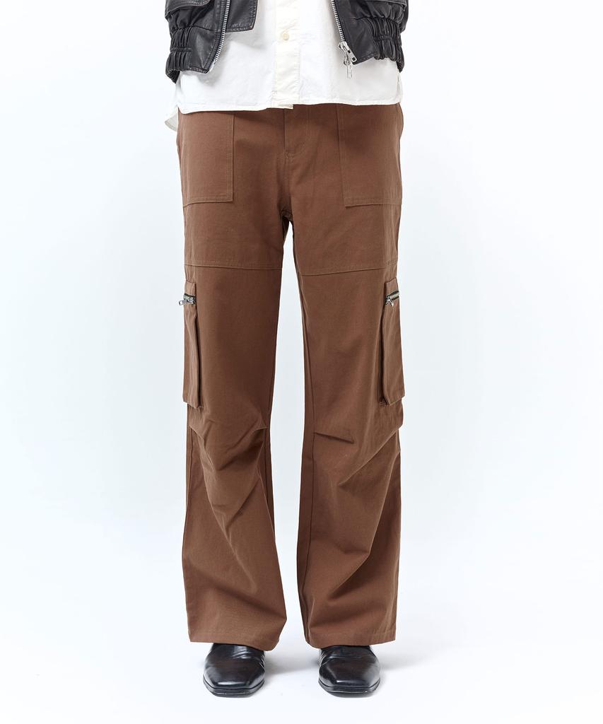 DREAMWORLD Zipper Pocket Wide Cargo Pants (Brown)