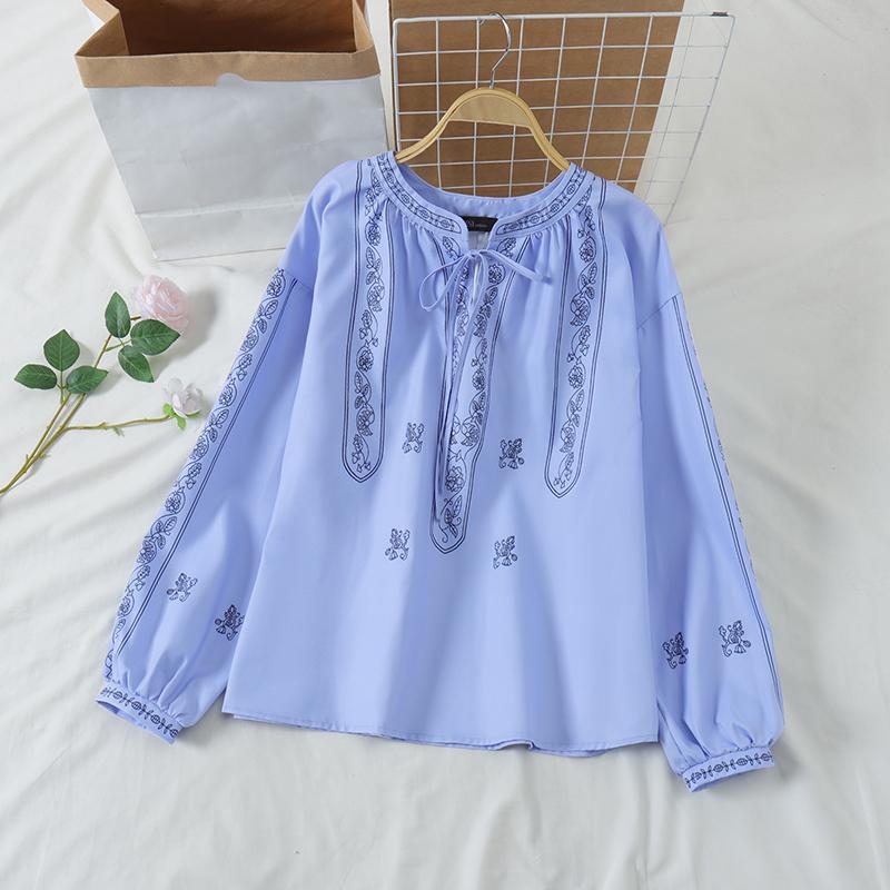 

ZANZEA Women Round Neck Long Sleeve Lace Up Printed Shirts Blouse M синий