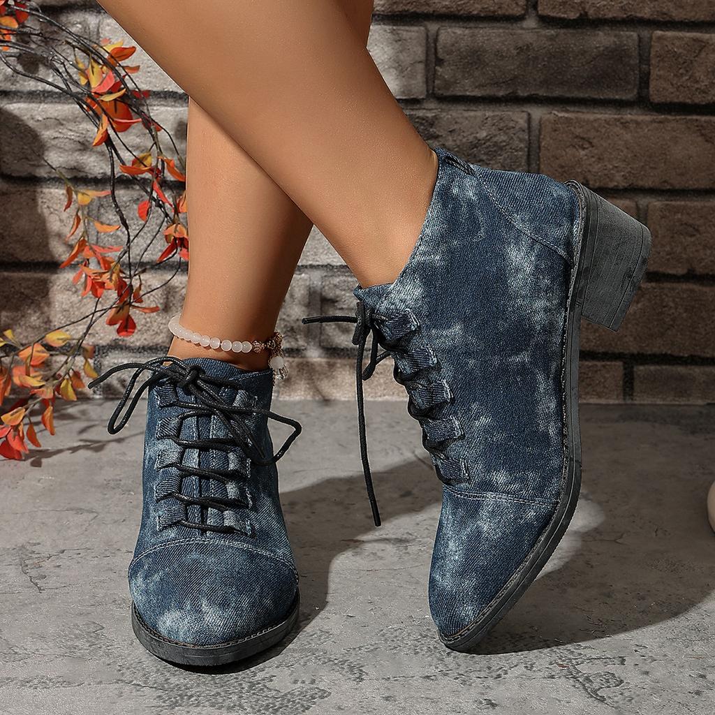 Fashion 2025 autumn lace-up mid-heel ankle boots for women, plus-size export denim British-style pointed-toe shoes