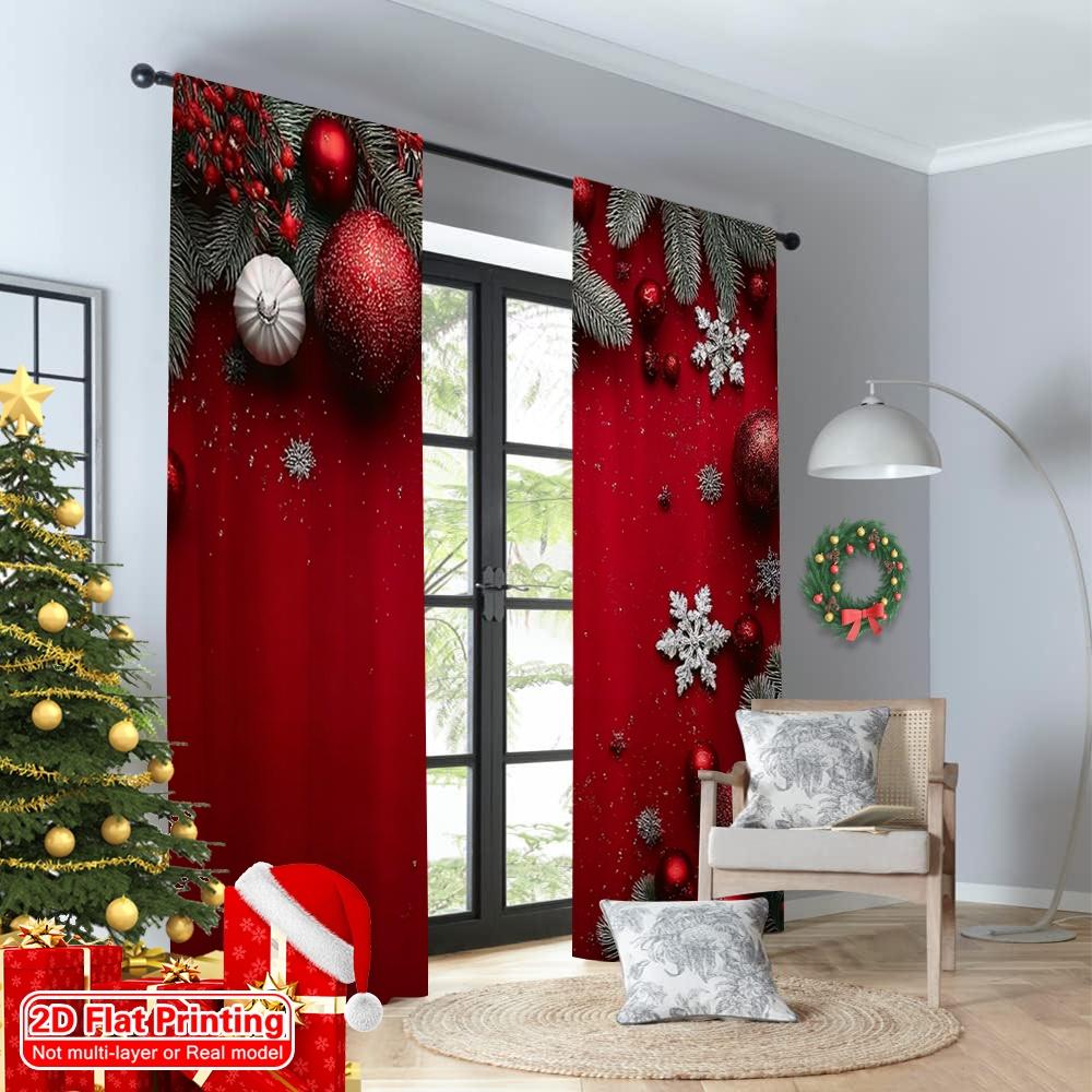 Set Of 2 Flat Printing Fashionable Christmas Curtains Pine Branches Snowflakes Digital Printed Polyester Drapes Spring Curtain