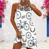 Women Plus Size Sleeveless Criss Cross Cutout Halter Neck Printed White Fitted Curved Hem Dress