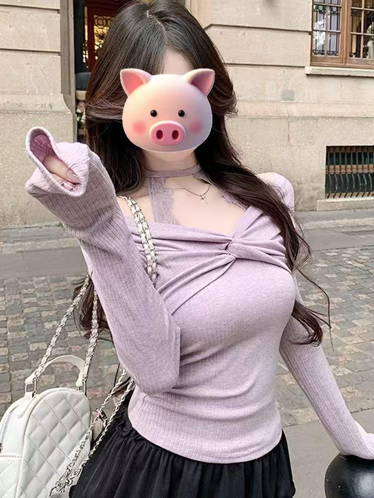 One-Shoulder Purple Lace Halter Top for Women - Spring/Autumn Sweet & Spicy Off-the-Shoulder Style