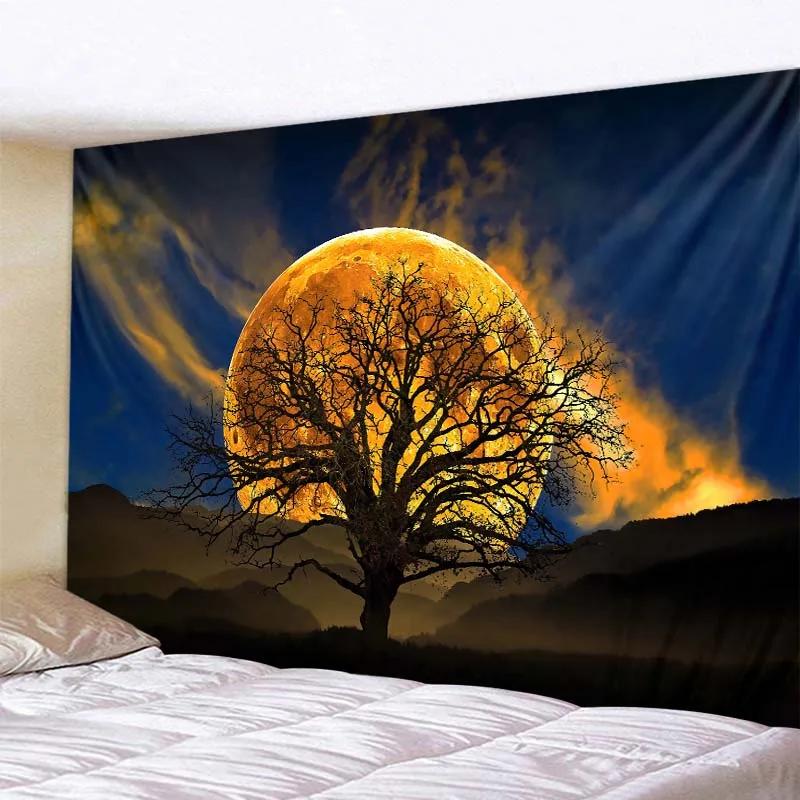 Printed Tapestry Fantasy Starry Sky Tree Landscape Wall Hanging Living Room Bedroom Background  Beautiful