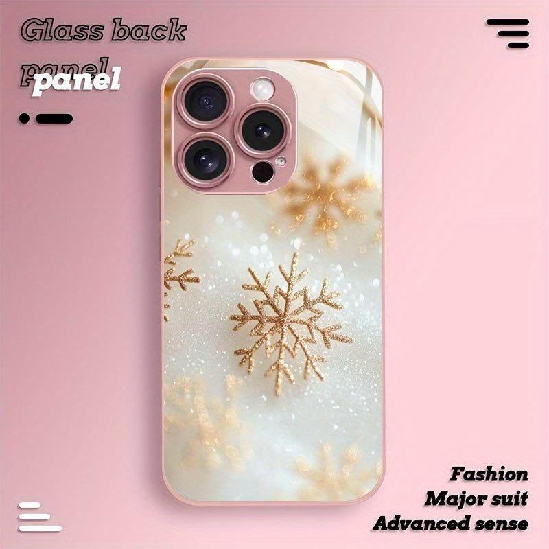 Golden Christmas Snowflake Pattern Metallic Paint Glass Phone Case For iPhone 17 16 15 14 13 12 11 Pro Max Plus 16E 17 Air Cover