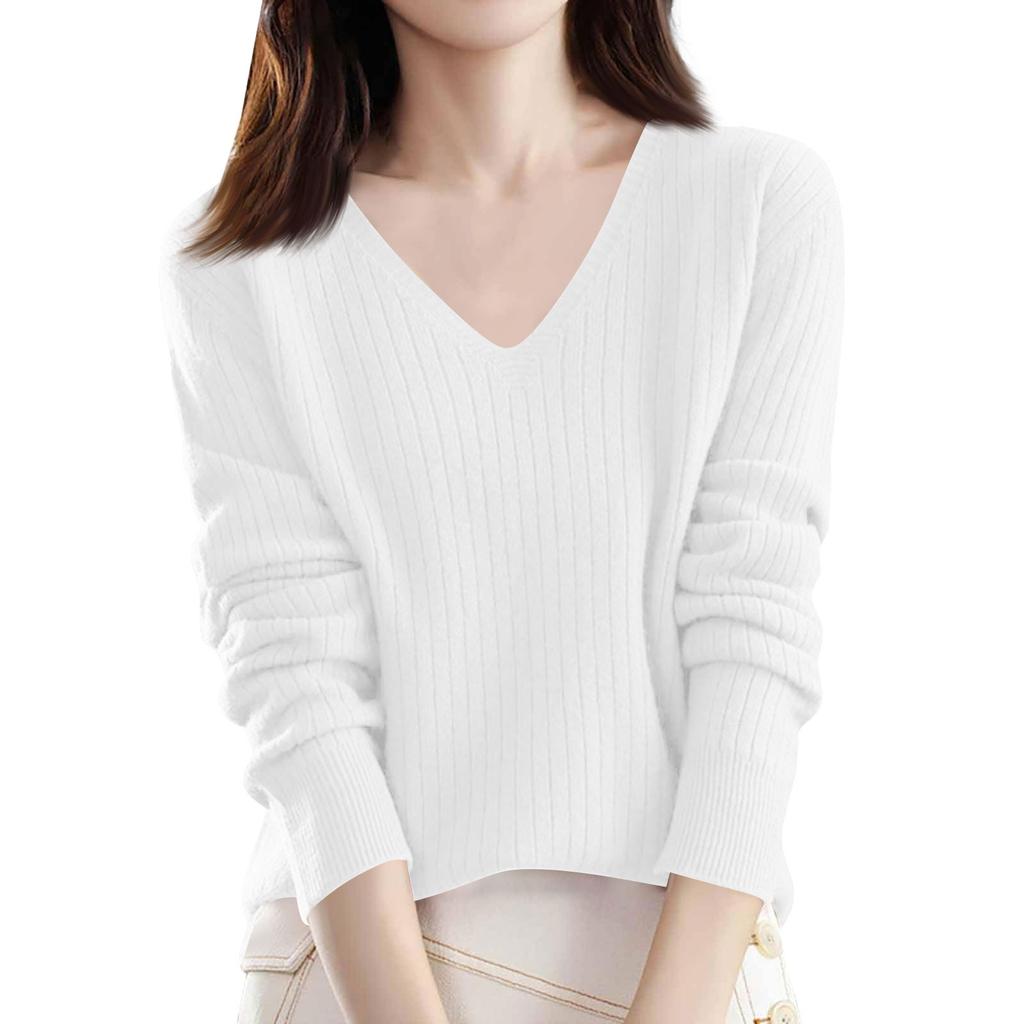 Damenmode Locker Gestrickter Pullover Unterhemd V-Ausschnitt Pullover Langarm Einfarbiges Oberteil