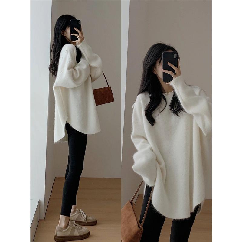 

Женский свитер осень-зима длинный ленивый стиль чувство дизайна имитация енота бархата свободный утолщенный вязаный базовый свитер верхняя одежда женская average size