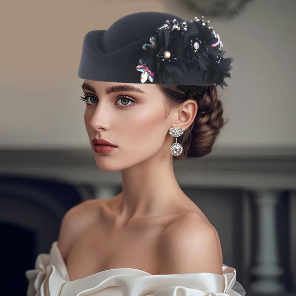 Cappello Turbante in Feltro con Fiore Moda Berretto Morbido Vintage Berretti Casual Cappellino da Tea Party per Donne