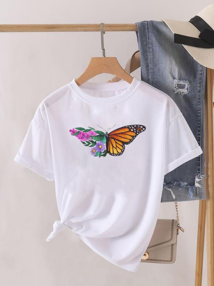 Kwiatek Słodki Trend lat 90. Uroczy Krótki Rękaw Nadruk Moda Graficzny T-shirt Kobiety Top Pani Damska Koszulka Tee Okrągły Dekolt Odzież Ubrania