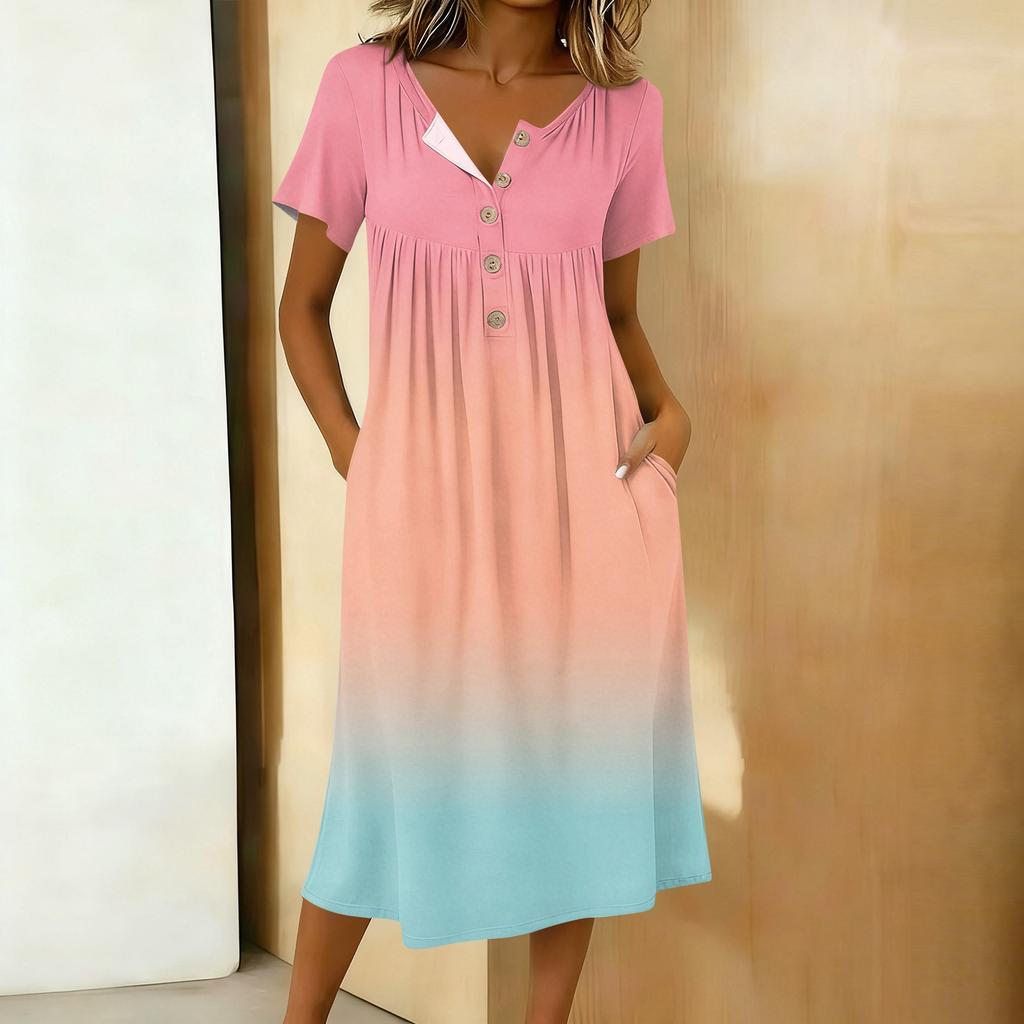 Women's Fashion Gradient Color Printed Round Neck Short Sleeve Button Neck Medium Length Casual Dress