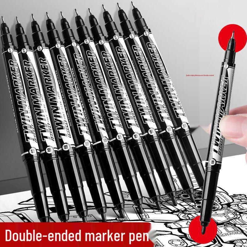 Pack of 10 [Newcomer 0.01] Dual-Tip Black Marker Pens: Fine & Broad, Oil-Based, Waterproof.