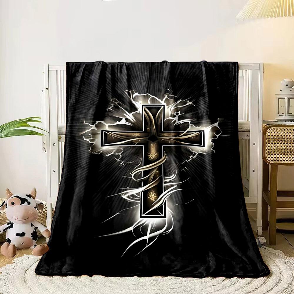 

A glowing cross surrounded by radiant light rays and swirling patterns. for all seasons blanket lunch break throw gift 80cm x 120cm
